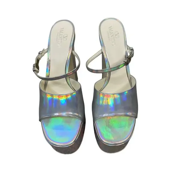 Valentino Garavani Tan-go Iridescent Platform Pumps Block Heels Silver Sz 11